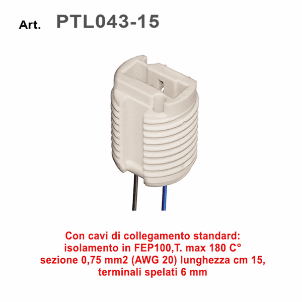 Portalampada G9 in ceramica - corpo alettato - con cavo standard FEP100 - T180°C sezione 0,75 mm² (AWG20) cm.15 - spellatura 6mm