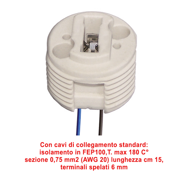 Portalampada G9 in ceramica - corpo alettato - con cavo standard FEP100 - T180°C sezione 0,75 mm² (AWG20) cm.15 - spellatura 6mm