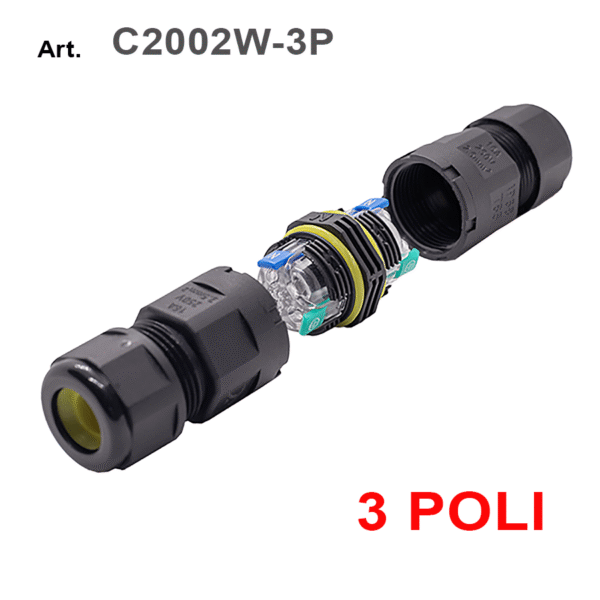 Connettore per cavi multipolari IP68 3 poli con attacco rapido e pressacavo