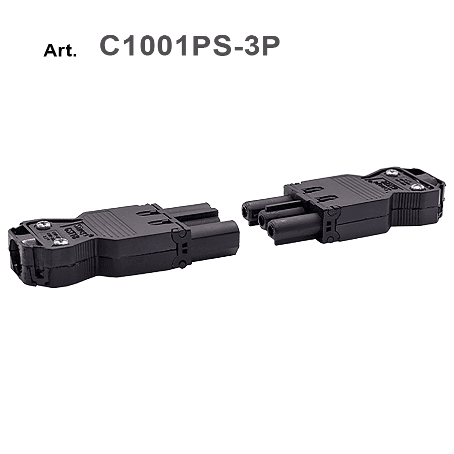 Connettore maschio femmina presa spina con fissacavo a 3 poli versione ribassata per spazi ridotti