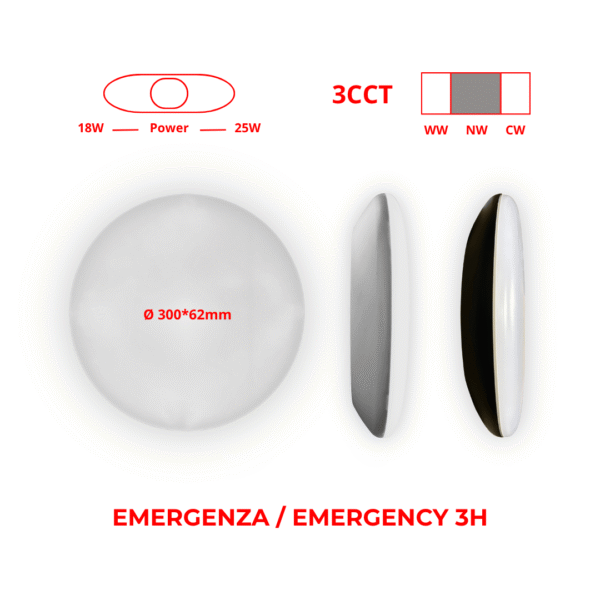 Plafoniera LED 18-25W, tonda Ø 300*62mm, 3CCT (3000K-4000K-5000K) + sensore di presenza e emergenza AC180-240V