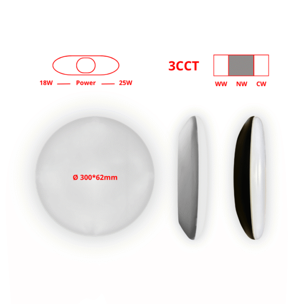 Plafoniera LED 18-25W, tonda Ø 300*62mm, 3CCT (3000K-4000K-5000K) + sensore di presenza AC180-240V