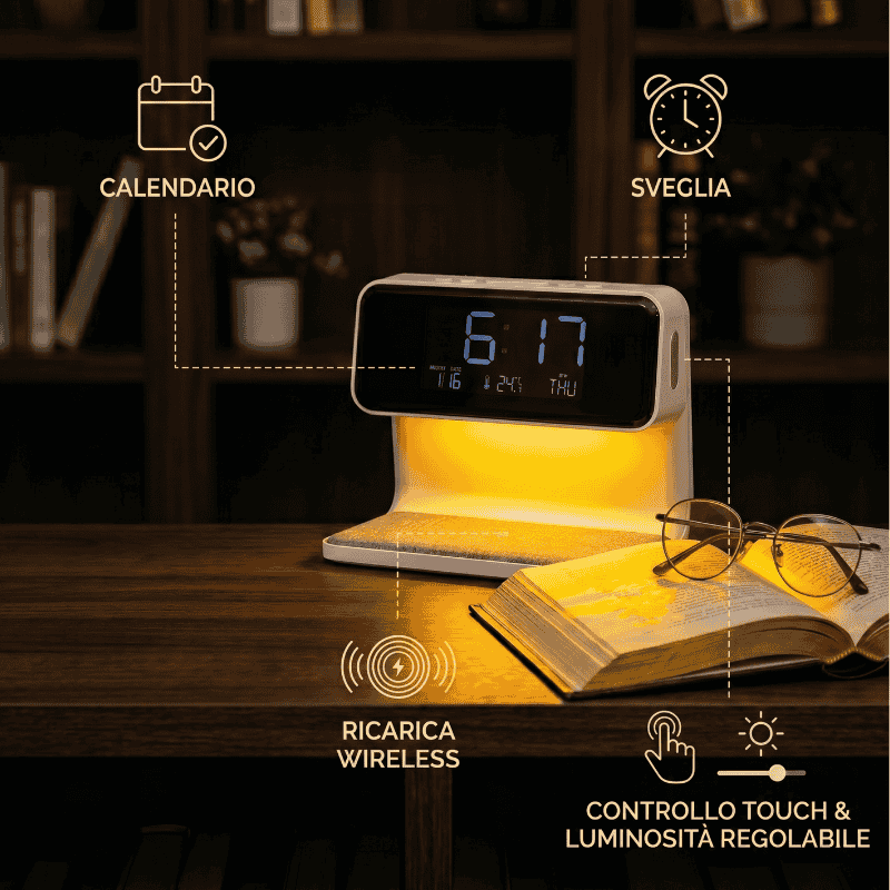 Infografica delle caratteristiche della sveglia smart: calendario, sveglia, ricarica wireless e controllo touch.