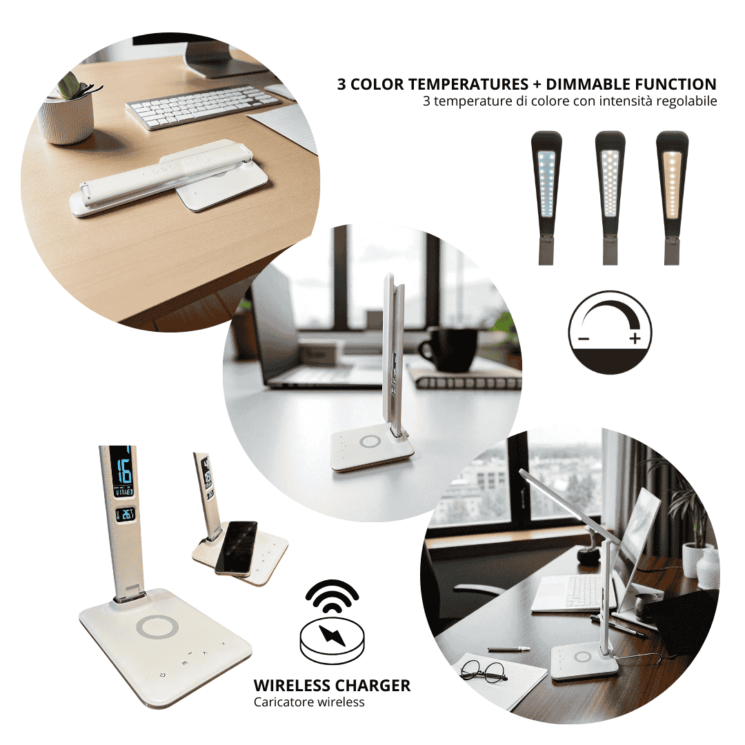 lampada-led-caricatore-wireless-regolabile-bianca-lte lampada scrivania led pieghevole bianca con ricarica wireless e tre temperature del colore