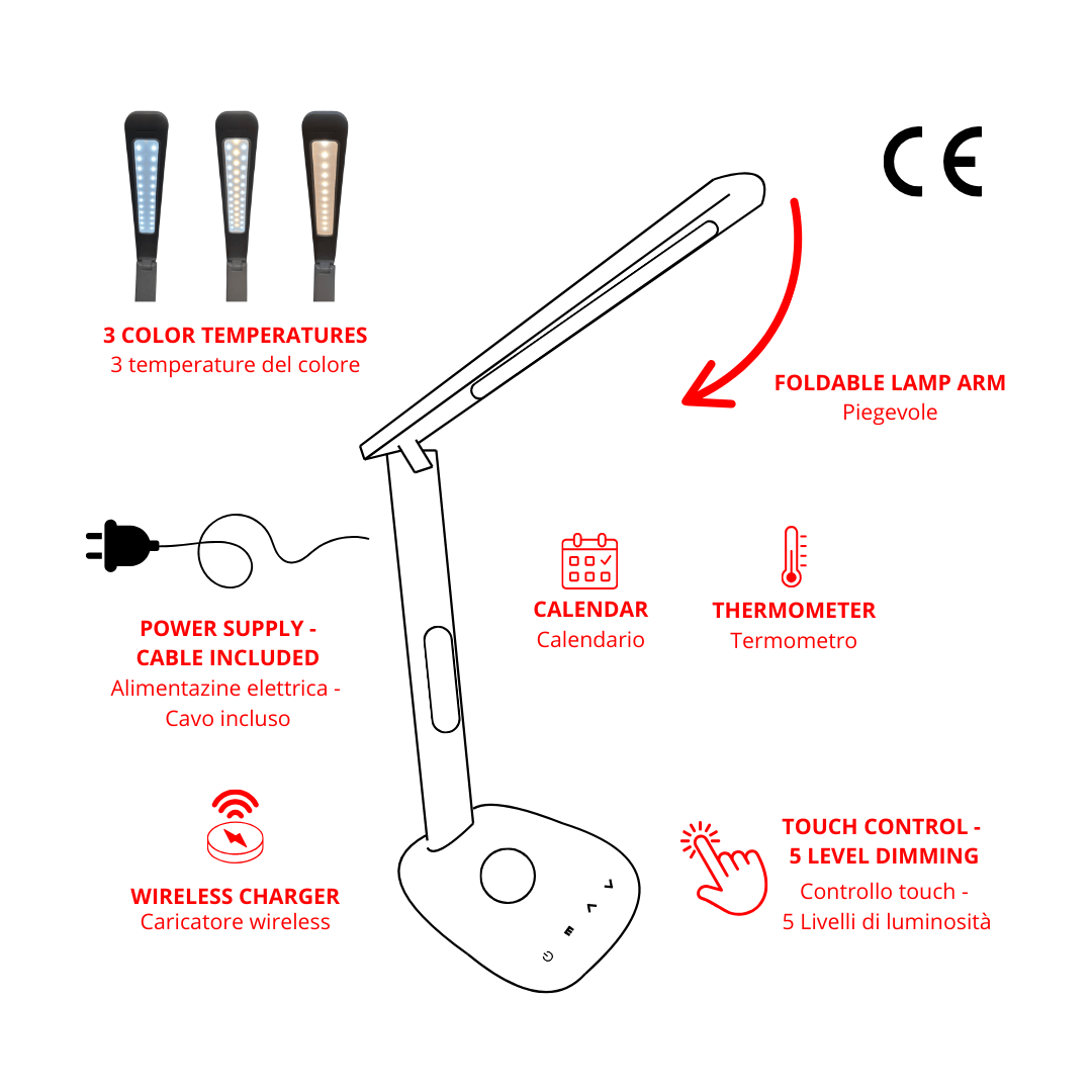 lampada da scrivania led bianca e nera con ricarica wireless , dimmerabile e con tre temperature del colore