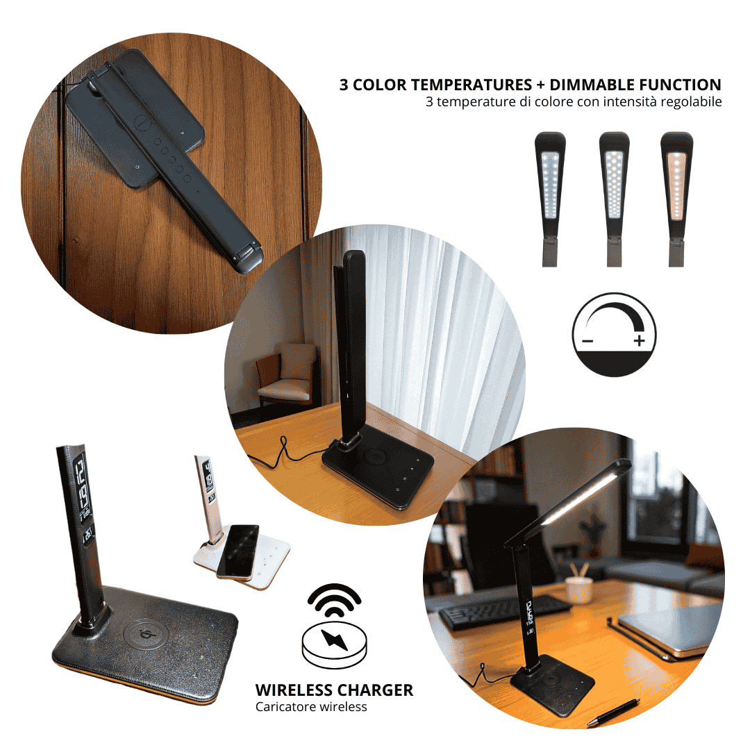 lampada-led-caricatore-wireless-regolabile-nera-lte lampada scrivania led pieghevole nera con ricarica wireless e tre temperature del colore