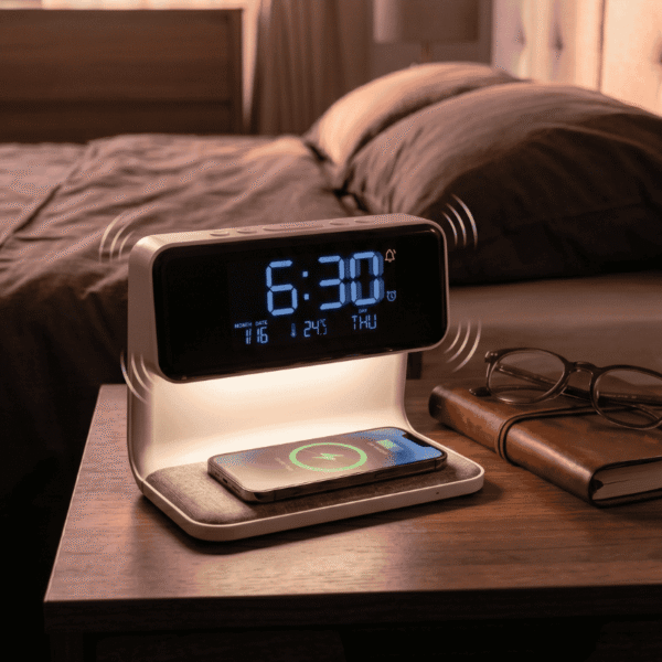 Sveglia smart con ricarica wireless per smartphone su un comodino in legno in camera da letto.