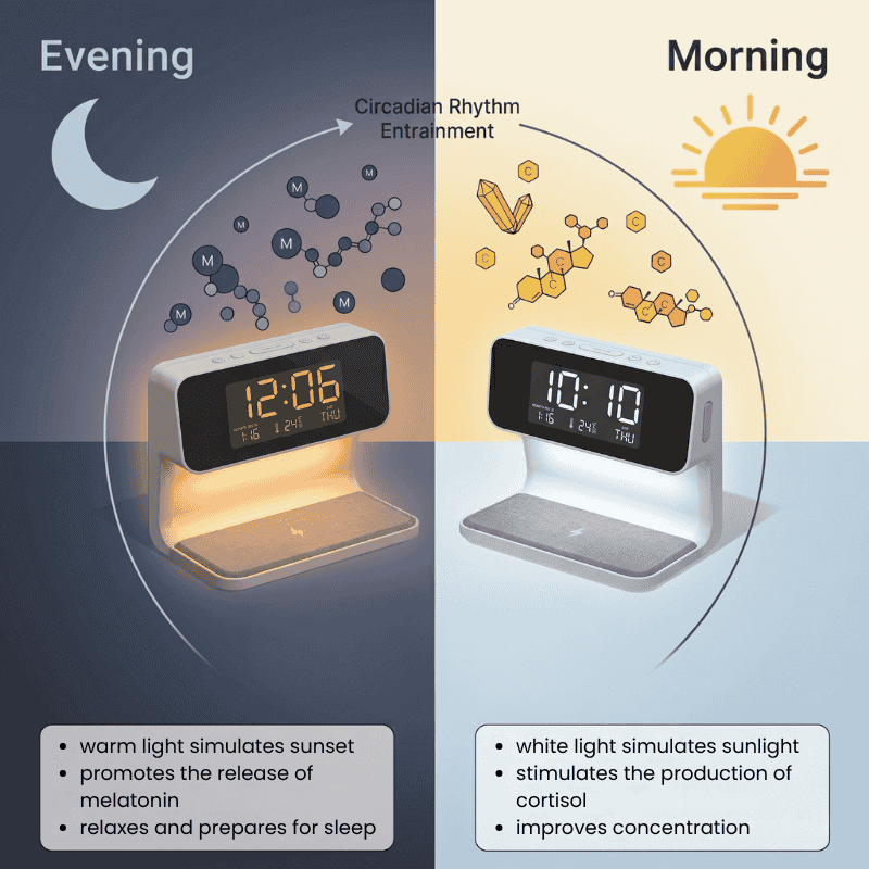 Infografica che spiega i benefici della luce calda e bianca della sveglia smart sul ritmo circadiano e il sonno.