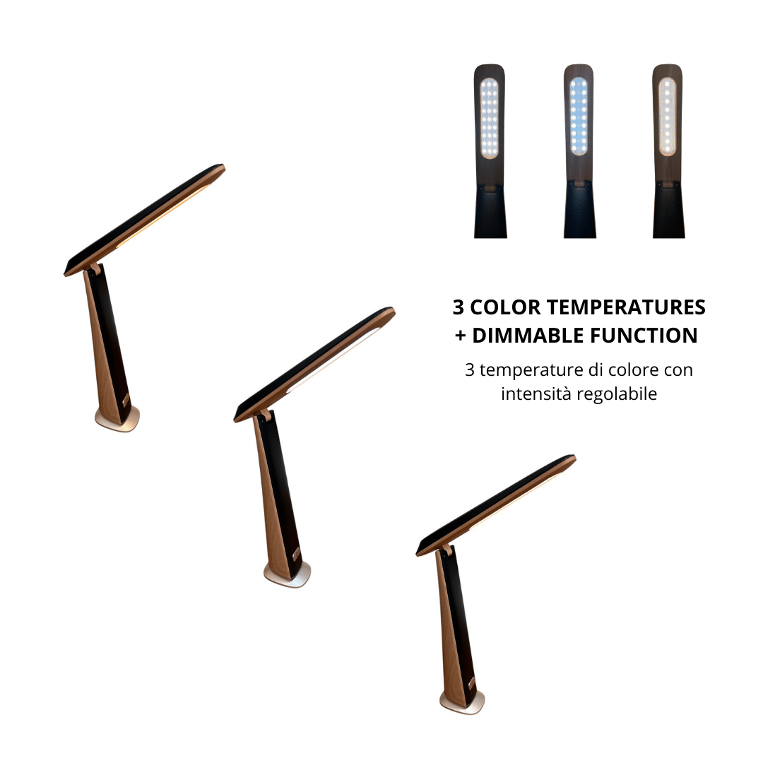 lampada da tavolo led pieghevole dimmerabile con 3 temperature colore sfondo bianco