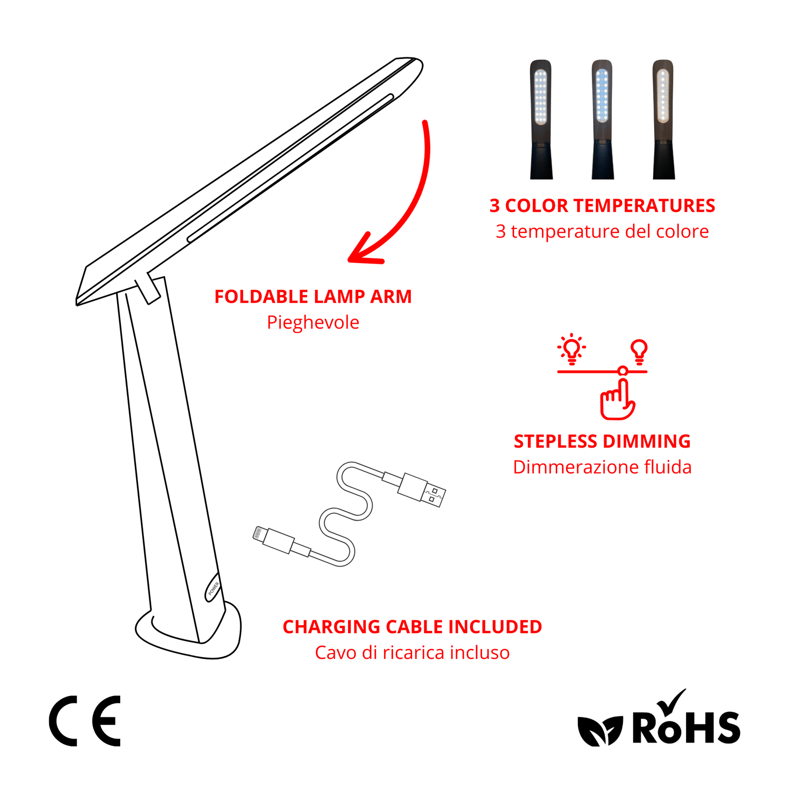 lampada da tavolo led pieghevole dimmerabile con 3 temperature colore sfondo bianco