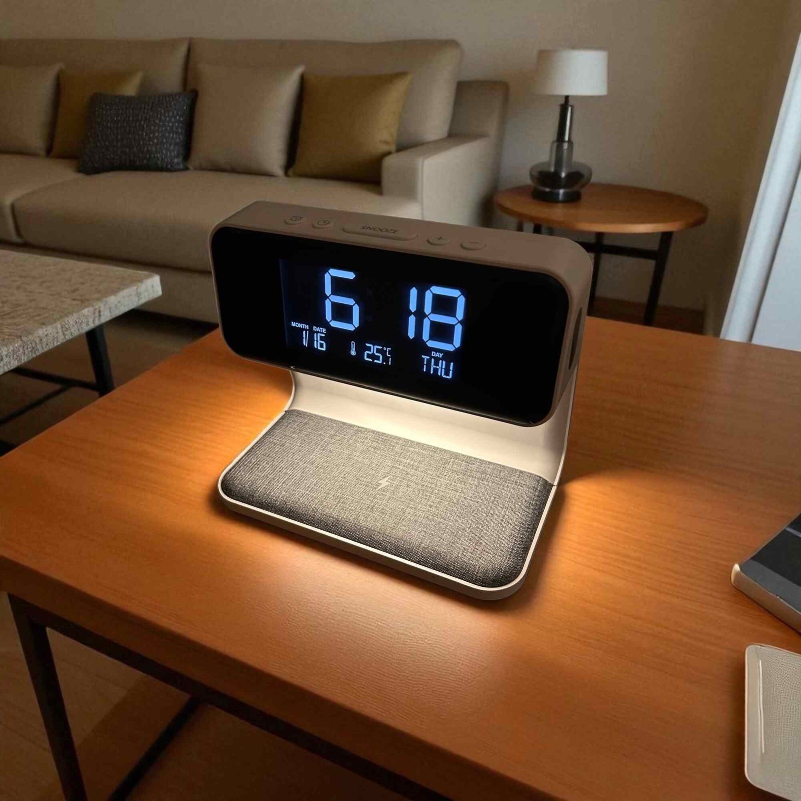 orologio sveglia digitale con ricarica wireless e temperatura ambiente su comodino