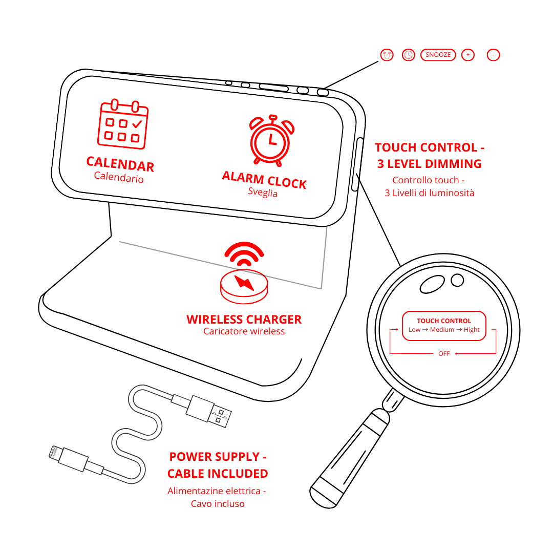 orologio sveglia digitale con ricarica wireless e temperatura ambiente , varie funzioni