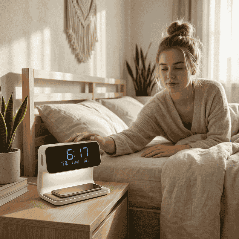 Ragazza in camera da letto che tocca la sveglia smart per regolare la luce della lampada sul comodino.
