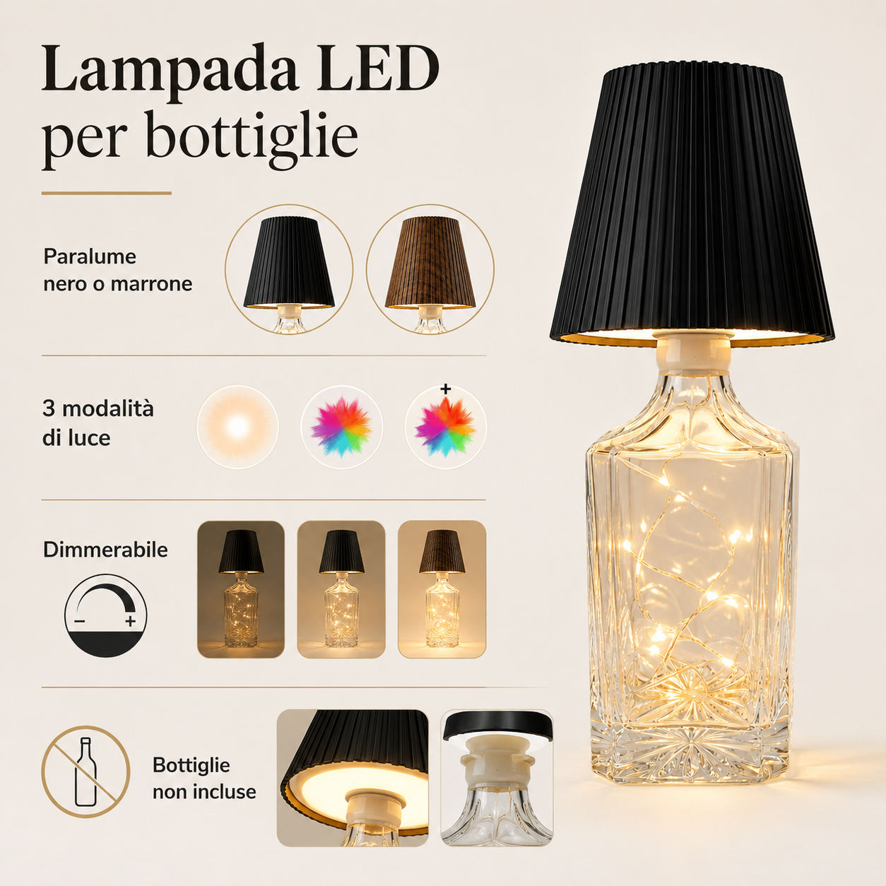 Lampada led fatta a tappo di bottiglia, touch e dimmerabile disponible in nero o marrone