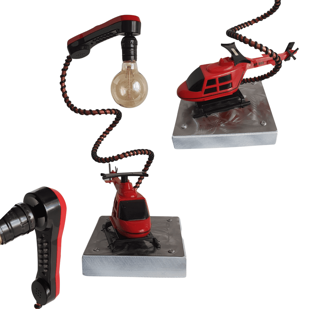 “Helicopter” Lampada Artistica realizzata con telefono anni 80 a forma di elicottero accensione touch 3 livelli di intensità materiali di riciclo stile vintage