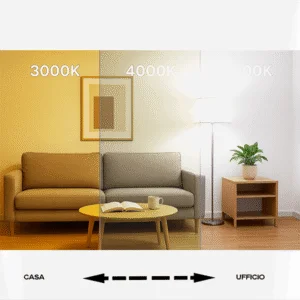 Confronto lampadine LED 3000K, 4000K e 5000K per evidenziare differenze di luce calda, neutra e fredda in casa e ufficio