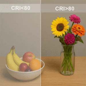 Lampadine LED a confronto: CRI alto (>80) e CRI basso, per evidenziare colori più naturali e realistici